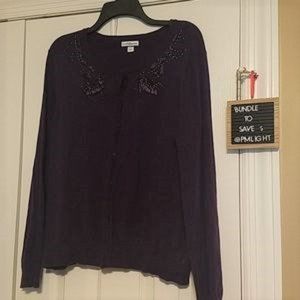 Croft & Barrow Purple Sweater XL Embroidered Ribbon Collar Long Sleeve